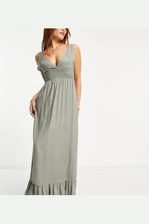 Esmée Esmee Exclusive beach large shirred waist maxi summer dress in aloe