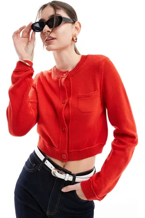 ASOS Crew neck cropped cardigan with pocket in cotton blend in
