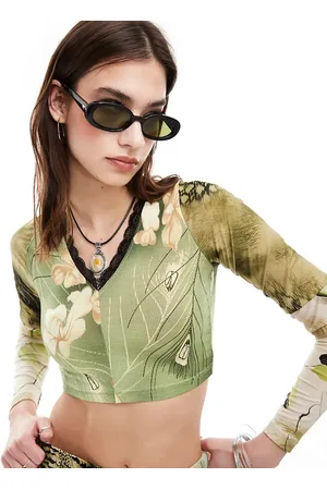 Reclaimed Revived x Glass Onion mixed print crop top with lace trim