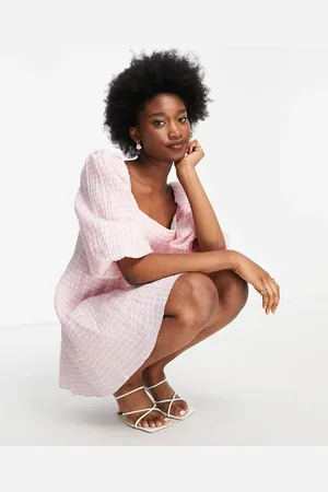 Forever New Oversized sleeve ruched smock mini dress in baby pink gingham