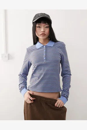 Monki Long sleeved pique polo in and brown stripe