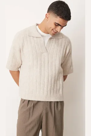 ASOS Oversized boxy fit rib knitted notch neck polo in ecru