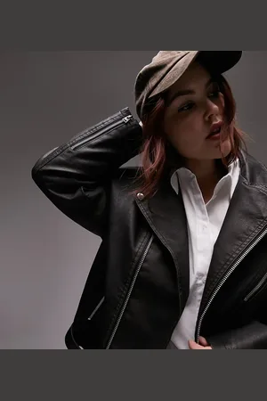 Topshop Curve faux leather vintage washed oversized biked jacket in