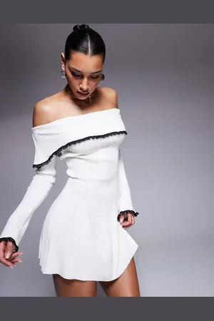 Missyempire Knitted bardot fold over lace trim mini dress in