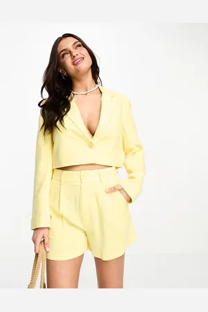 Stradivarius Linen look cropped co-ord blazer in lemon