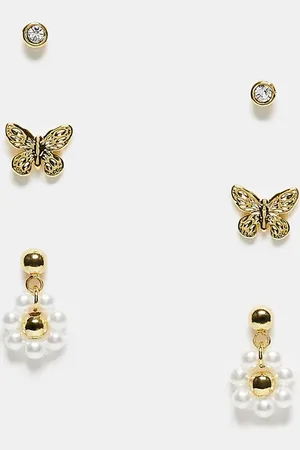 Orelia Butterfly design and pearl flower earring stacking set in plate