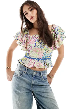 HOPE & IVY Frill sleeve square neck peplum top in multi
