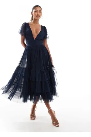 Lace & Beads Bridesmaid Madison v neck tulle midi dress in