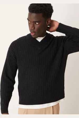 ASOS Relaxed boxy fit waffle knitted v neck jumper in navy