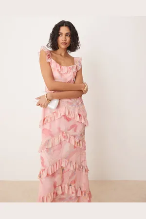Pretty Lavish Scoop neck ruffle maxi dress in and brown marble