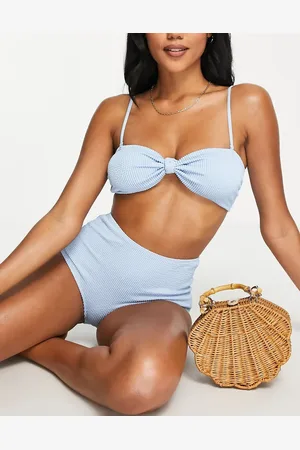 Monki Polyester blend textured bandeau bikini top in - MBLUE