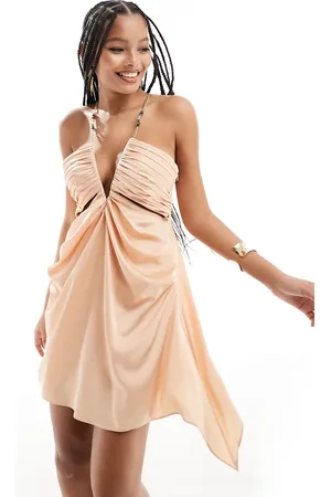 ASOS Plunge draped satin mini dress with gold chain detail in peach