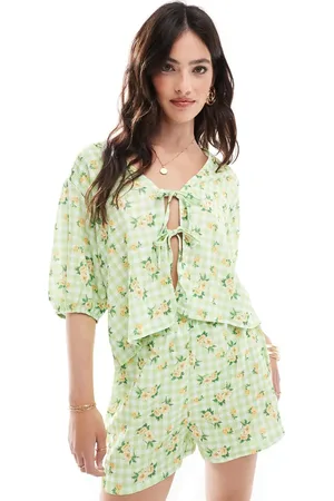 ASOS Tie front shirt co-ord in green gingham floral print