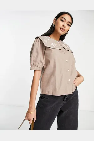VILA Shirt with tabbard embroidered collar in beige