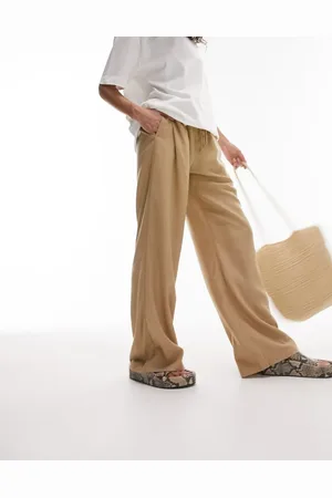 Topshop Linen draw string waist straight leg trouser in sand