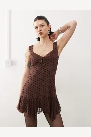 Reclaimed Flocked mini dress in chocolate
