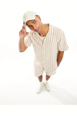 SELECTED Relaxed fit shirt co-ord in heavy cotton in beige with stripe