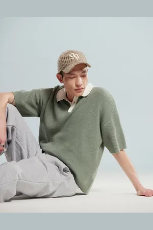 ASOS Relaxed boxy fit knitted polo with 3/4 length sleeves in sage