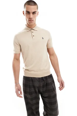 Ralph Lauren Icon logo textured cotton knit polo in tan marl