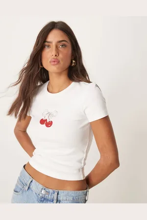 Gina Tricot Short sleeve slim fit top with cherry graphic in white