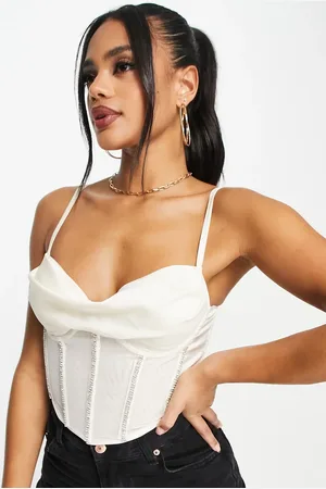 ASOS Stretch satin corset with diamante trim in ivory