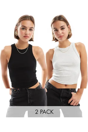 Bershka 2 pack racer neck top in black & grey