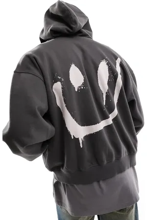 Weekday Boxy fit zip through hoodie with back print in off
