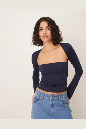 Gina Tricot Soft Touch long sleeve sqaure neck top with split cuffs in navy