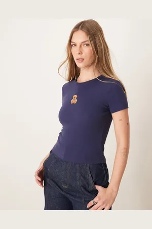 Gina Tricot Short sleeve slim fit top with teddy bear graphic in blue