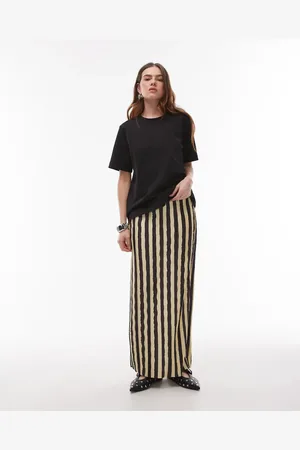 Topshop Stripe plisse midaxi skirt in chocolate
