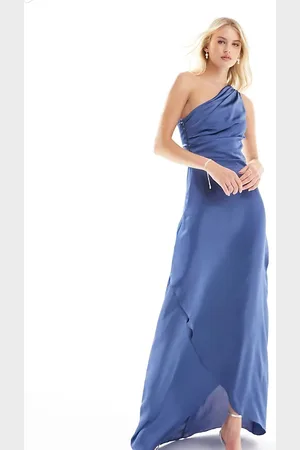 TFNC Bridesmaid satin one shoulder maxi dress with wrap skirt in aster