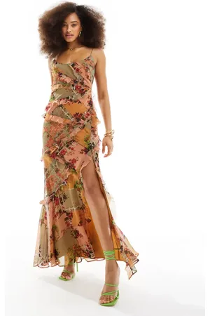 ASOS Cami bias maxi dress with ruffles with patched lace in mixed floral print