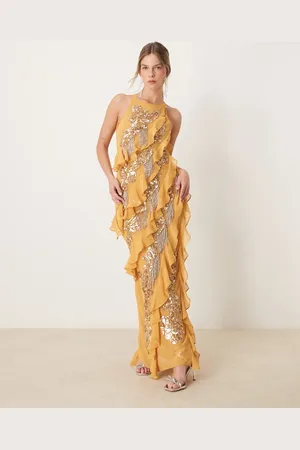 ASOS Racer neck embellished ruffle maxi dress in marigold