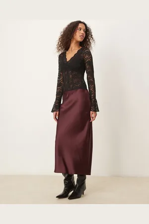 Gina Tricot Satin midi skirt in burgundy