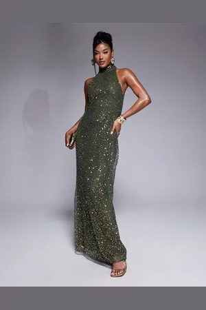 ASOS Open knit sequin halterneck maxi dress with twisted back detail in dark