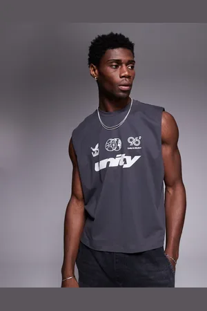 ASOS Boxy oversized vest with front chest graphic in charcoal