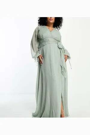ASOS ASOS DESIGN Curve bridesmaid long sleeve ruched maxi dress with wrap skirt in olive