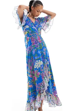 HOPE & IVY Frill sleeve maxi wrap dress with tie waist in print