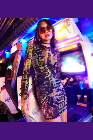 Reclaimed X Stranger Things mesh mini dress in HellFire Club print