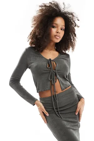 In The Style Slinky tie front long sleeve top co-ord in dark