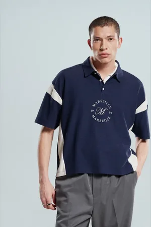 ASOS Boxy heavyweight 230gsm waffle texture oversized polo with panelling and chest print in