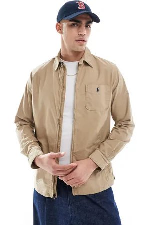 Ralph Lauren Icon logo zip front garment dyed oxford overshirt in tan