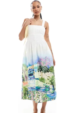 HOPE & IVY A-line strappy corset midi dress in scenic print