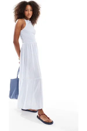 Esmée Esmee Exclusive shirring halter maxi beach dress in blue and white stripe