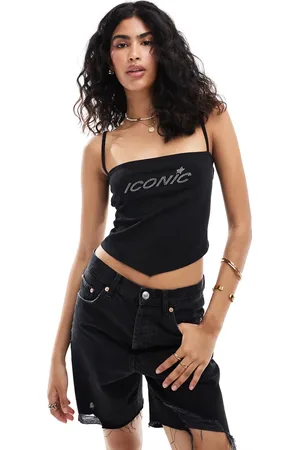 COLLUSION Square neck cami with open back and diamante logo in