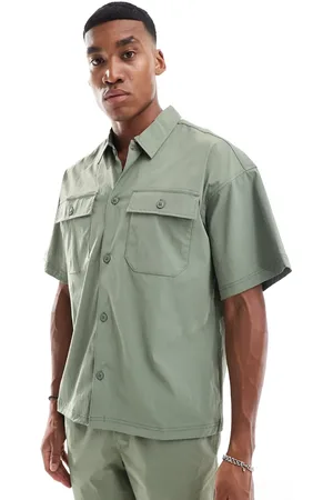 JACK & JONES Co-ord oversized nylon utility pocket shirt in khaki