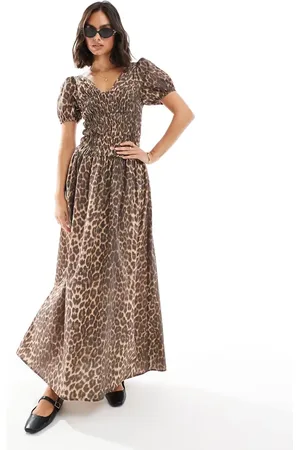 ASOS Shirred bodice maxi dress with puff sleeve in leopard