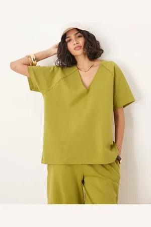 ASOS Interlock oversized v neck t-shirt in khaki