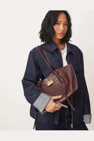Gina Tricot Faux leather small tote bag with strap and clutch detail in burgundy
