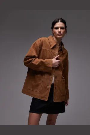 Topshop Premium real suede patch pocket boxy jacket in tan
